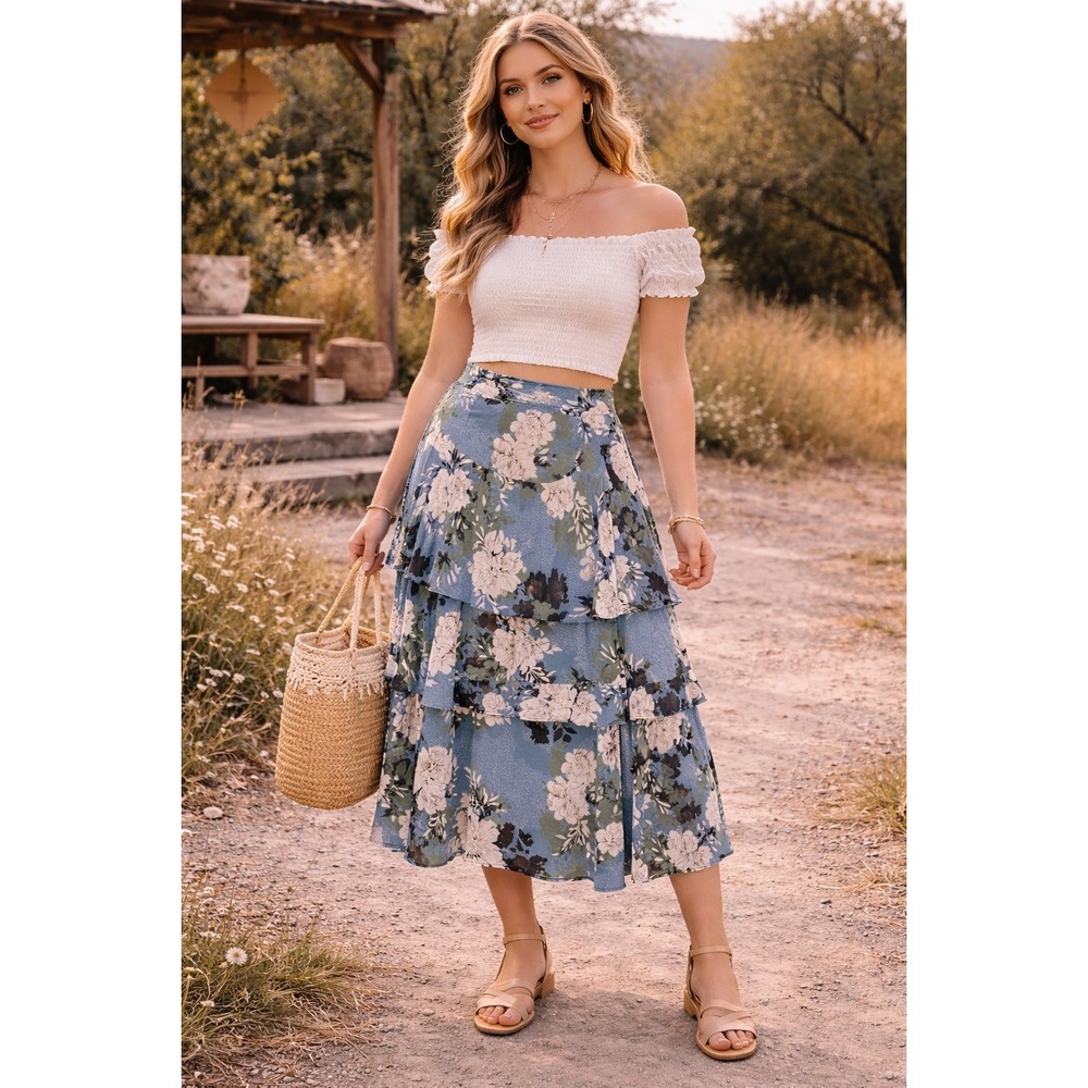 Boho Cottagecore Wedding Prairie Blue White Tiered Layered‎ Ruffle 14 Midi Skirt